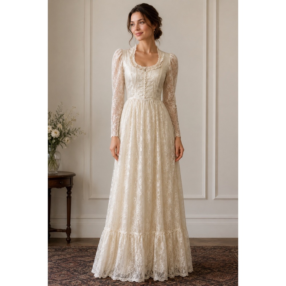 VTG Gunne Sax Wedding Dress Women Size 9 Cream Lace Renaissance Romantic Vintage